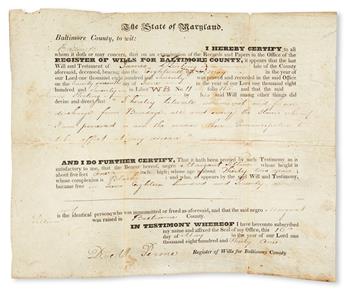 (SLAVERY AND ABOLITION.) MARYLAND. Manumission and emancipation certificate for Margaret Tillison.